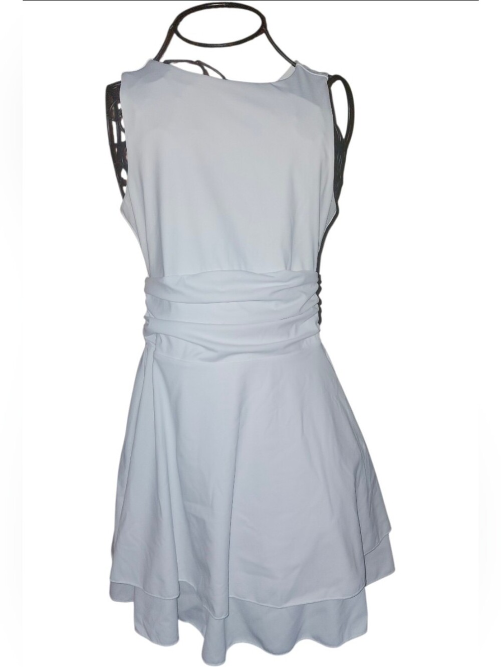 White Sleeveless Ruched Waist Fit-and-Flare Dress